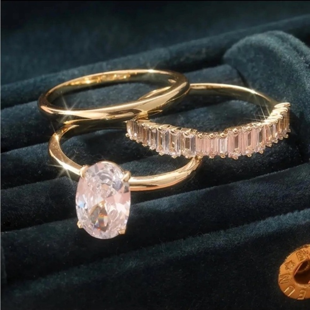 3-Piece Oval Engagement Ring Set Baguette Eternity Band CZ Size 6 NWT